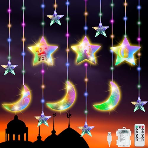 YeahBoom 114 LED Ramadan Licht Stern Mond Lichterketten,3m LED Sterne Mond Vorhang Licht,Led Lichterkette Mond Sterne mit 8 Blinkenden Modi & Fernbedienung,Batterie & USB betriebene Lichterkette