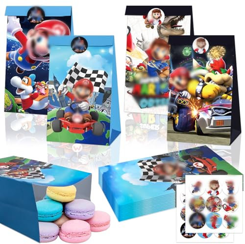 Super Geschenktüten Bros- 12Pcs Papiertüten mit 18 Aufkleber Sticker Kinder Party Geschenktüte Mitgebsel Kindergeburtstag Candy Bar Süßigkeiten Tüten Halloween Geschenken Giveaways Party Bags Supplies