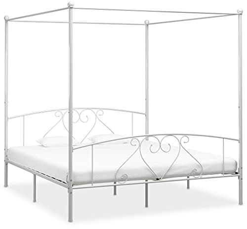 Homgoday Bettgestell mit Rahmen, Himmelbett aus Metall, weiß, 180 x 200 cm, Bettgestell, modernes Bett, Gestell für Schlafzimmer