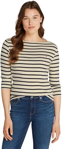 Tommy Hilfiger Women’s Long Sleeve Slim Fit New Cody Top with Boat Neck, Multicolor (Fine STP Country Ivory/Drk N Navy), S