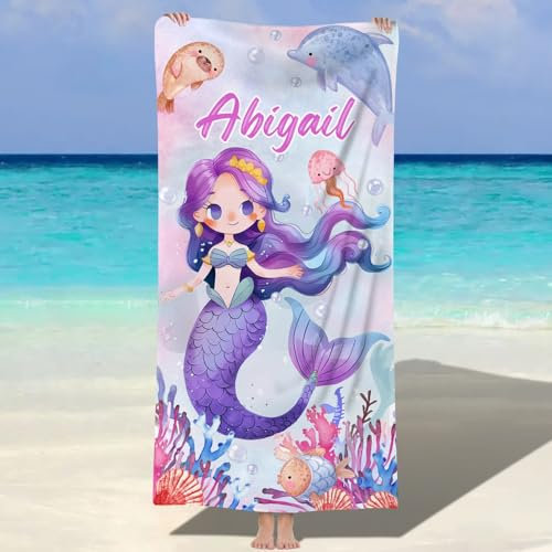 Jodimitty Mikrofaser Strandtuch Personalisiertes Name Wasserabsorbierend Schnelltrocknend Strandhandtuch für Erwachsene Kinder Strand Schwimmbad, 60x120cm/76x152cm/90x180cm (Meerjungfrau)