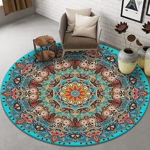 Orientalischer Vintage Rund Teppich Wohnzimmer 200x200cm Boho Blumen Böhmen Ethnischer Stil Distressed Bunter Rugs rutschfest Waschbarer Mandala Kurzflor Carpet Für Schlafzimmer Teppichboden