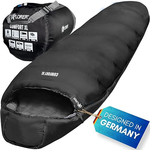 EXPLORER® Comfort XL Schlafsack -23°C -5°C [350GSM] 3-4 Jahreszeiten Winter Mumienschlafsack Schwarz für Erwachsene[2000g] 230x85x70cm kombinierbar, ideal für Outdoor, Camping, Trekking und Reisen