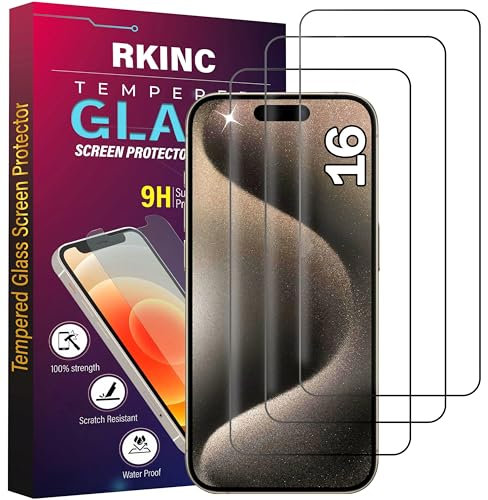 RKINC Protector pantalla [3 Piezas] para iPhone 16, Cristal templado película de vidrio, 9H 0.33 mm [Garantía de por vida][Anti-rasguño][Anti-rotura][Sin burbujas]