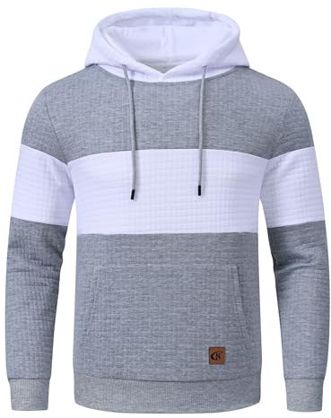 YuKaiChen Herren Pullover Herren Patchwork Hoodie Langarm Jacquard Kaputzenpullover Farbblock Sweatshirt mit Taschen Hellgrau Weiß Hellgrau X-Large