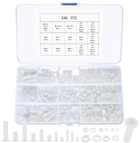 546 Pz Set di Viti M2.5 M3 M4 M5 M6 Viti Bulloni a Testa Piatta e Dadi e Rondelle Set, Viti a Testa Svasata e Dadi in Nylon Bianco, Viti a Testa Piatta in Plastica Bianco per Macchine