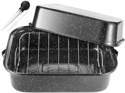 JY COOKMENT Roasting Pan With Lid and Rack, 21' Rectangular, 25lb Turkey Roaster Pot, Large Oven Roaster Tray, V-Rack and Versatile Lid Bone Turkey Baster