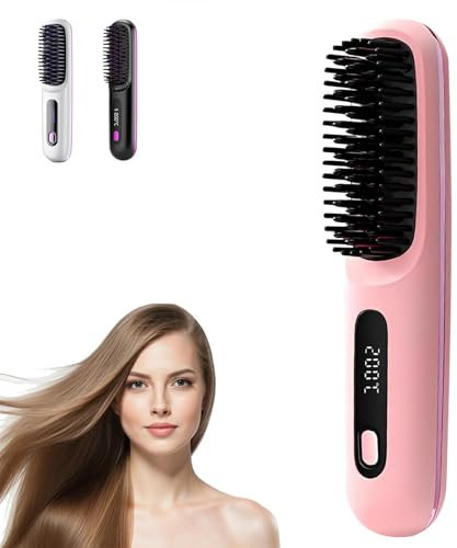 Go Brush Pro,Cordless Hair Straightener Brush,Portable Straightener Brushs for Hairs Styling,Rechargeable Heated Styling Brushes for Travel and Everyday Use,Hair-Friendly & Long-Lasting Design(Pink)