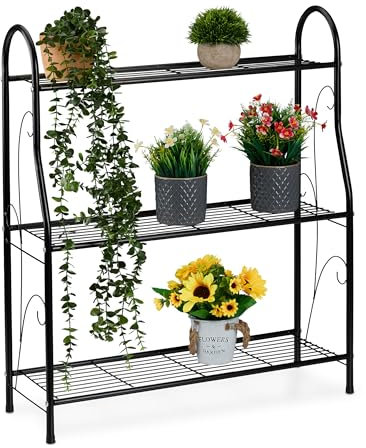 Relaxdays Étagère à Plantes, 3 Niveaux, pour Vos trésors Verts, métallique, H x L x P : 83 x 71 x 24,5 cm, Noire