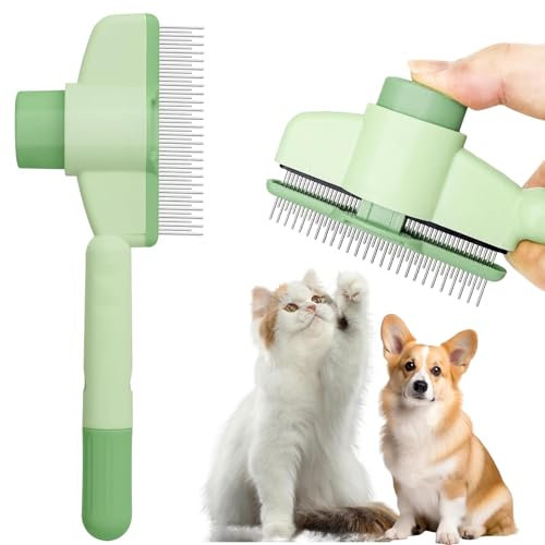 Fellblitz Bürste, 2025 Katzenbürste Hundebürste, Katzenhaarbürste mit Langen und Kurzen MetallzäHne, AuslöSeknopf Selbstreinigender Hunde Bürste für Langhaar und Kurzhaar (Green)