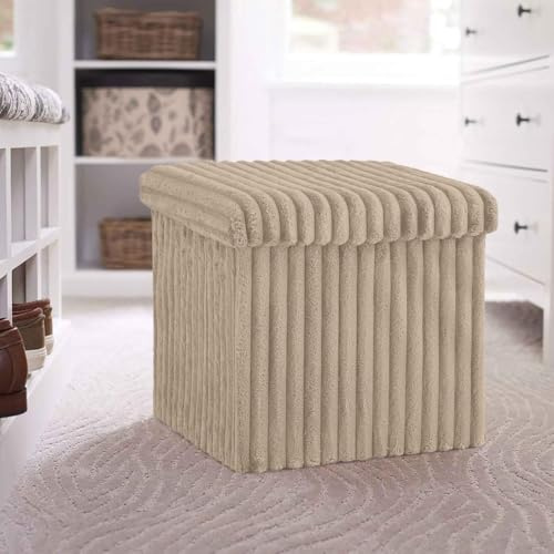 BLOOM BLENDS Ribbed Velvet Storage Ottoman Box – Foldable, Stylish & Multi-Purpose Seat with Lid | Available in 5 Colours | Bedroom, Living Room, Entryway (Mink, Small (38x38x38))