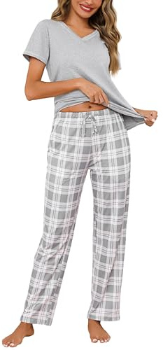 Bresdk Pigiama Donna Cotone Manica Corta Pigiami Due Pezzi da Donna Leggero Maglietta Manica Corta e Pantaloni Lunghi a Quadri Comodo e Morbido Grigio L