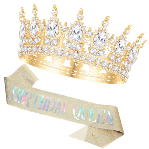 Geburtstagskrone Und Schärpe Für Damen Geburtstagskönigin Schärpe & Strass Tiara Set Geburtstag Kristall Tiara Krone Schärp mit Birthday Queen Vintage Tiaras Krone für Frauen Mädchen Geburtstag Party