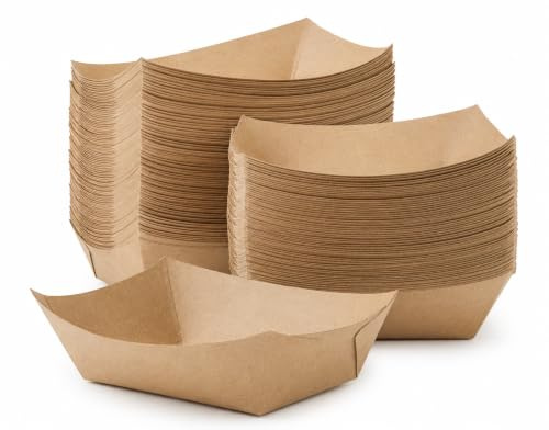 E Greenwize Packaging Packaging Kraft Paper Food Trays | Brown Cardboard Serving Trays | Medium Disposable Food Trays for Burgers, Chips, Nachos, BBQ, Parties, Camping & Takeaway (Small, 100, Count)