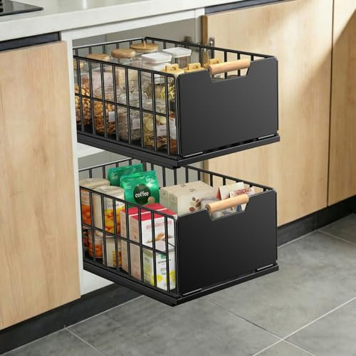 2 Stück Teleskopschublade Ausziehbare Schublade Küche, Slide Out Schubladen Organizer Mit Schubladenschienen und Kleber, Metall Pull Out Drawer für Küchenschränke(40T x 25B x 18H CM) - Ohne Bohren
