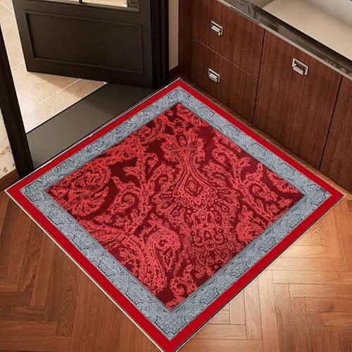 Kleiner Teppich, 90 x 90 cm, für Schlafzimmer, quadratisch, rutschfest, waschbar, für Spielzimmer, Heimdekoration, Retro-Muster, Schwarz und Rot