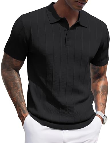 COOFANDY Chemises Polo pour Homme Adulte à Manches Courtes avec Boutons Designer T-Shirts Coupe Régulière Été Plage Tricot Noir L