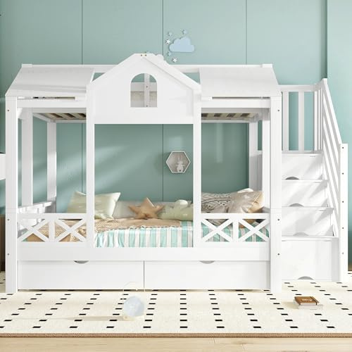 Trdlpyn Letto a Castello per Bambini 90x200cm e 140x200cm, Letto Matrimoniale con Scala Contenitore e 2 Cassetti, Belle Finestre e Tetto, Strutture letto in Pino, Bianco(Senza materasso)