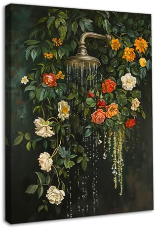 Dazzlewall Blüten Badezimmer Wanddeko, Vintage Elegante Naturblumen und Dusche Wandbilder für Badezimmer Toilette Mit Rahmen 30x40 cm