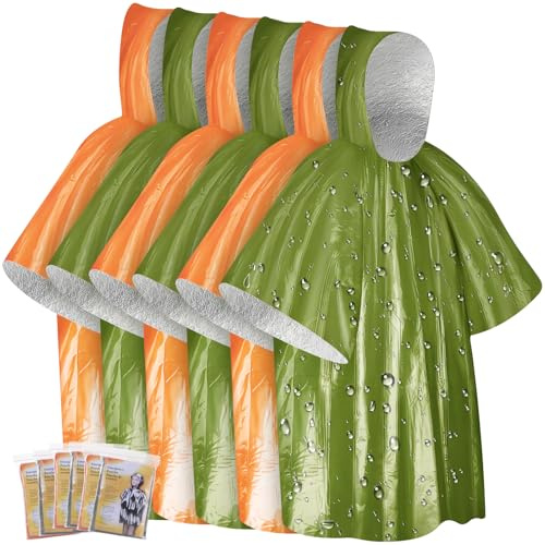 6 Pièces Poncho de Survie D'urgence, Couverture Thermique en Feuille de Mylar pour Conserver la Chaleur et Protéger de La Pluie, Réversible avec Capuche, Coupe-vent, Portable pour Extérieur