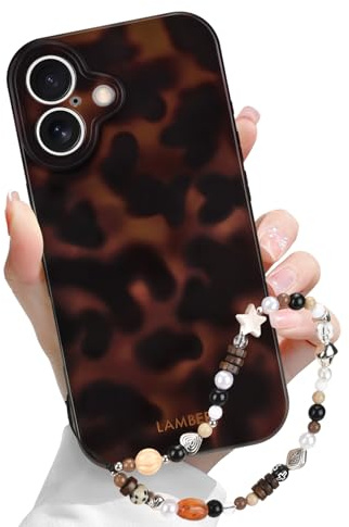 Newseego for iPhone 16 Case Cute Leopard Print, with Chain, Brown | for Girls Women, Aesthetic Amber Tortoise Shell Design, Slim Soft TPU, Shockproof Cover, Full Camera Protection