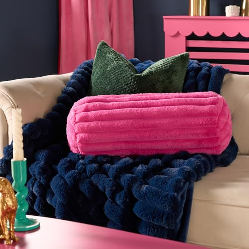 OHS Bolster Pillow Faux Fur Ribbed Cylinder Pillow, Soft Cosy Neck Roll Pillows for Armrest & Head Support Yoga Bolster Cushion for Sofa & Bed, Hot Pink - 46 x 20cm