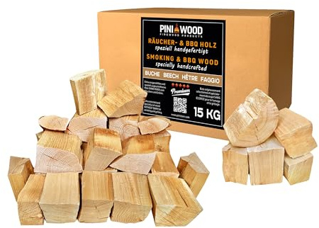 PINI Räucherholz Smokerholz Grillholz BBQ-Holz Wood Chunks Buchenholz OHNE RINDE 15 kg für Smoker Grill