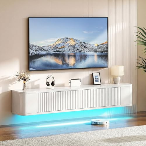 YITAHOME 140cm Floating TV Stand, Wall Mounted TV Shelves With RGB Led Light, White High Gloss TV Media Console, Floating TV Cabinet Large Storage For Living Room and Bedroom