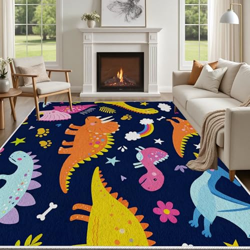 Yidbhsse Teppich Kinderzimmer Junge - Dinosaurier Teppich, Regenbogen Niedlich Tier Teppiche 120x180, Cartoon Dinosaurier Teppiche Waschbar rutschfest Schlafzimmer Wohnzimmer