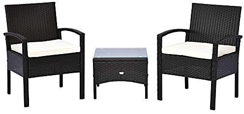 Outsunny 3 Pieces Rattan Bistro Set, Wicker Garden Furniture Set with Glass Top Coffee Table and Chairs, Washable Cushions for Outdoor, Patio, Balcony, Deep Coffee