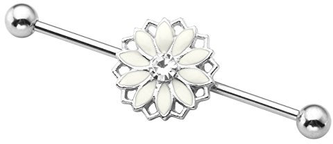 PiercingJ 1 Stück 1.6mm Edelstahl Strass Blume Industrial Barbell Piercing Industrial Hantel Ohr Knorpel Barbell Piercing Ohrstecker Unisex Punk, Länge 39mm (Weiß)