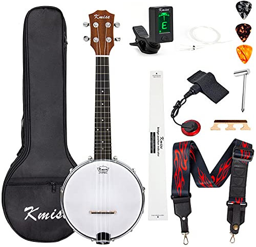 Kmise Banjolele da concerto, 4 corde, 58,4 cm, con custodia, accordatore, pickup, cinghia, plettri, ponte, righello, chiave, MI2423.