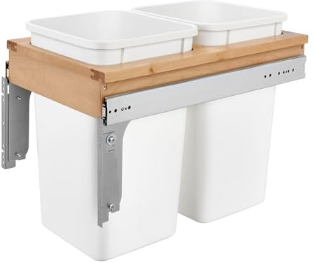Rev-A-Shelf Dual Pullout Trash Can for Full Access Kitchen or Bathroom Cabinets, 27 Qt Top Mount Garbage Bin, 13.5 Wide, White, 4WCTM-15DM2-343-FL