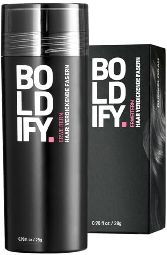 BOLDIFY Streuhaar für Dünner Werdendes Haar (Dunkelgrau), Unsichtbar, Natürlich, Große Flasche, 28g, Kaschiert Haarausfall in 15 Sek, Haarverdichtung, Haarpuder für Feines Haar, Frauen/Männer