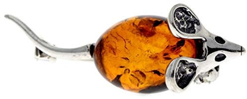 Broche de souris en argent sterling 925 et ambre de la Baltique véritable - 4107, Pierre, Ambre
