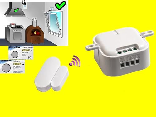 FUNK-Abluftsteuerung Einbau-SET Dunstabzugshaube-Steuerung mit Power-Einbauschalter 2000W+ Mini-Fensterkontaktschalter +1xCR1632