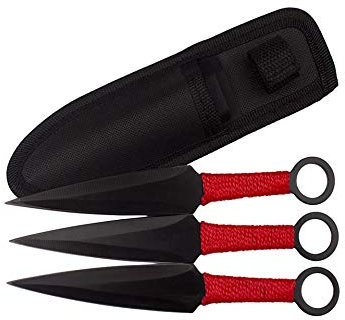 KOSxBO® 3er Naruto Wurfmesser Profi Kunai ca. 17,3 cm - Throwing Knife - schnelles Werfen Messer schwarz Edelstahl - Trainingsmesser - Gürtelmesser - Wurfmesser Set inklusive Holster aus Nylon