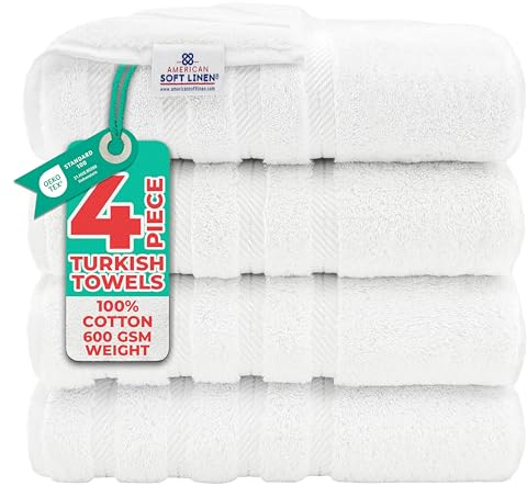 American Soft Linen, 4-teiliges Badetuch-Set, 100% türkische Baumwolle, 27 in 54 Badetücher für Badezimmer, weiche, saugfähige Badetücher, extra groß, schnell trocknende Duschtücher, hellweiß