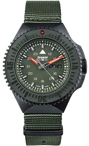 Traser P69 Black-Stealth Green Herren Armbanduhr aus Edelstahl und Textil, in der Farbe Grün, Durchmesser: 46mm, Wasserdichtigkeit: 20Bar, 109858