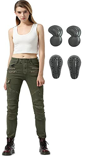 SHAIYOU Damen Motorradhose Jeans,Motorcycle Biker Pants Motorrad Hose Motorradrüstung Schutzauskleidung Mit Vielen Taschen Und 4 Abnehmbarer Protektoren (Grün,S)