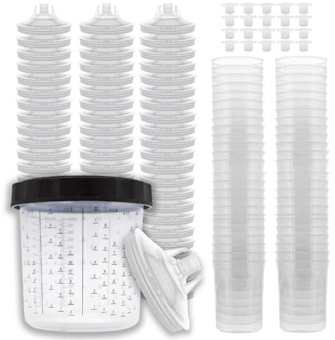 Einweg-Farbspritzpistolen-Becher (125 Mic), 50 Deckel, 50 Einlagen, 1 harter Becher, 1 Kragen – Größe 100 ml, 200 ml, 400 ml, 600 ml, 800 ml Farbzubehör - Graduierte Maße: