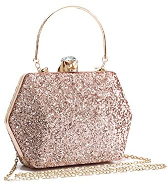 Women's Premium Collection Various Shape And Sizes Shiny Rose Gold Clutch Evening Bag For Wedding Bridal Prom Party (Hexagon Diamanti Studs)