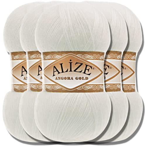 Hobby YARN Alize 5x 100g Angora Gold Türkische Premium Wolle Dünne Mohair aus Schurwolle Babywolle als Strickgarn Handstrickgarn Einfarbig Uni Yarn (Light Cream | 62)