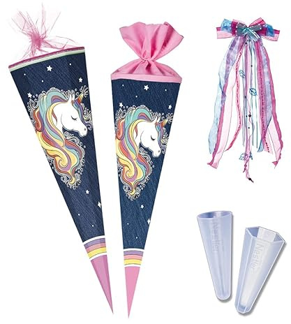 Nestler Schultüten-Set zum Befüllen, Handgemachte Zuckertüte aus Karton - Motiv: Regenbogen Einhorn, Spitzenschutz, Schleife (70 cm rund)