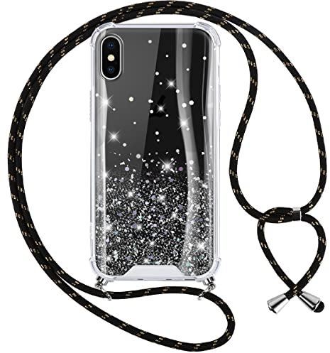 Vauki Handykette Hülle für iPhone XS/X, Glitzer Handyhülle mit Band Silikon Stoßfest PC Case mit Glühen Necklace Schutzhülle mit Premium Kordel Lanyard Abnehmbar zum Umhängen für iPhone XS/X, Schwarz