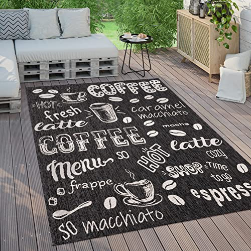 Paco Home Outdoor Teppich Wetterfest Wohnzimmer Balkon Küchenteppich Modernes Muster Mit Schriftzug, Grösse:80x250 cm, Farbe:Anthrazit 3