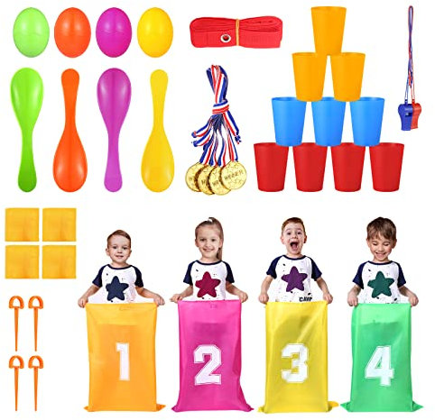 LEMESO 38 x Juegos al Aire Llibre para Niños Juegos Exterior para Fiesta Infantil Juego de Lanzar, Saco de Arena, Sacos para Carreras, Cuerda, Conos,apilar tazas, Medalla,silbato, Huevos para correr