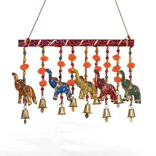 Tarini Gallery Colorful Windchimes Jhoomar Elephant Pompom Door Decorative Hangings Latkan Traditional Handcrafted Décor for Home Offices Hotel and Gifting