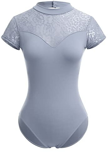 IDOPIP Damen Rollkragen Ballett Tanz Leotard Floral Spitze Kurzarm Rückenfrei Athletic Gymnastik Trikot mit Abnehmbarer Gepolsterter Tanzkleidung, grau, 46