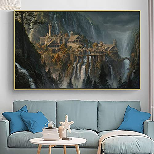 Yanyan Art Mittelerde Bruchtal Landschaft Filmposter und Drucke Gemälde auf Leinwand Wandkunst Ein Ringbild für Raumdekoration 60 x 95 cm (24 x 37 Zoll) rahmenlos